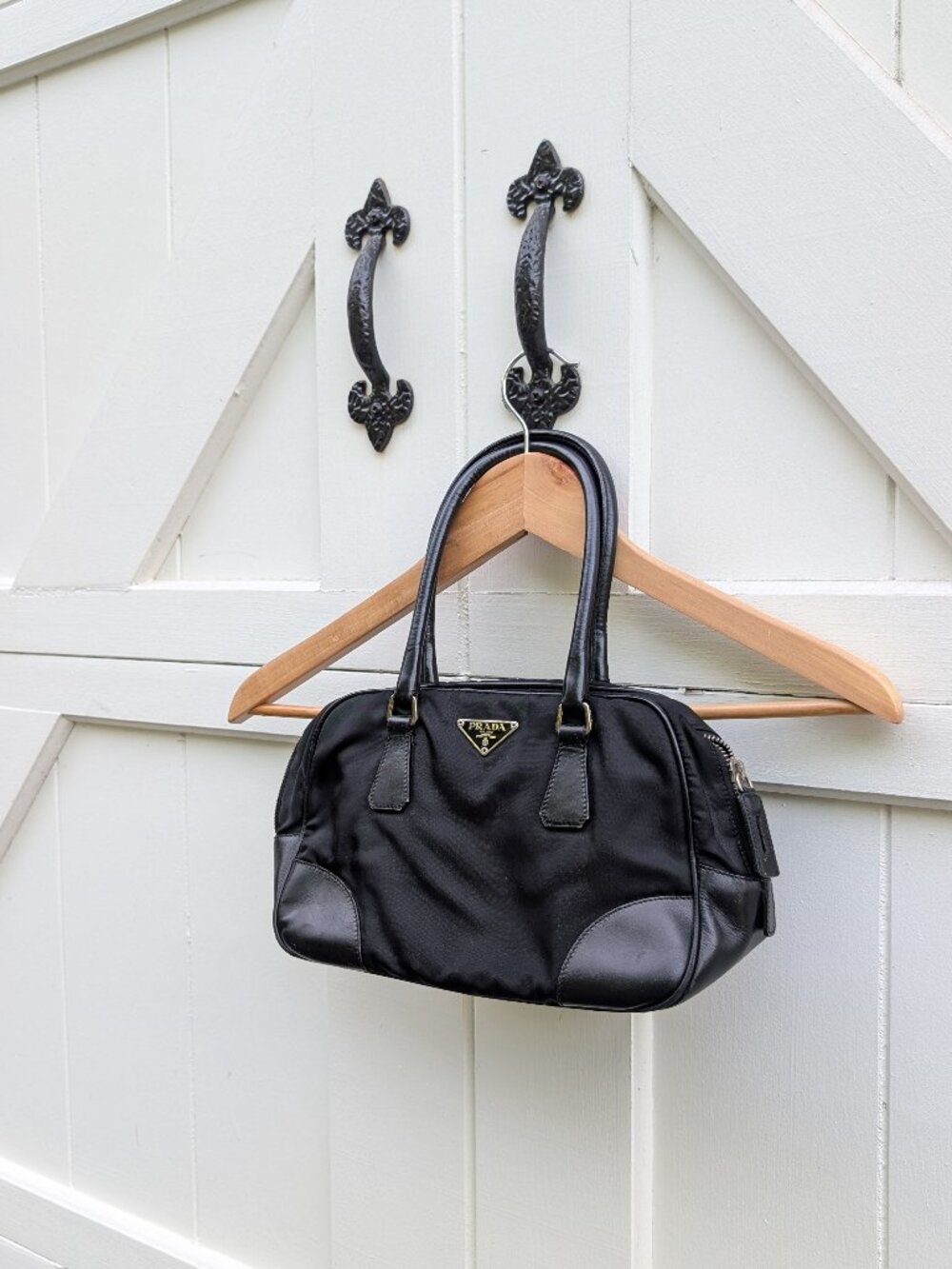Vintage Prada Black Tessuto Nylon & Leather Bowler Bag w/ Padlock Detail